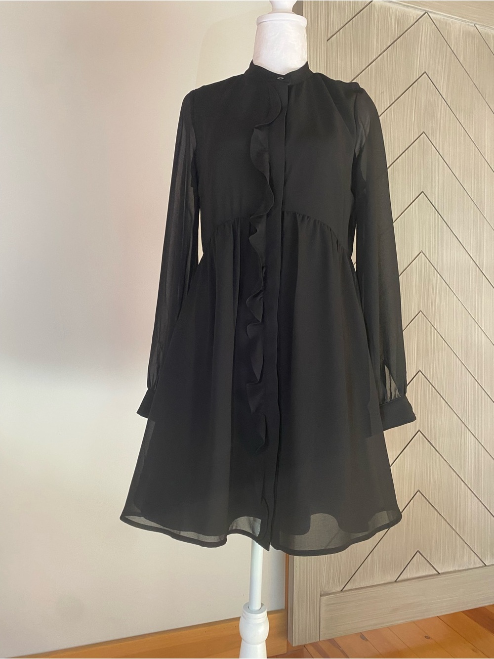 Frank & Oak Black Ruffle-Front Long Sleeve Mini Dress